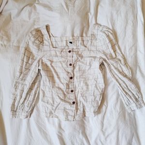 Cream and Blue Pinstripe Plaid Button Down Blouse